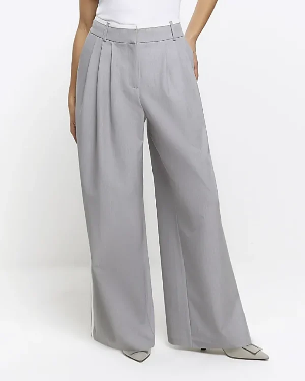 Petite grey side stripe wide leg trousers