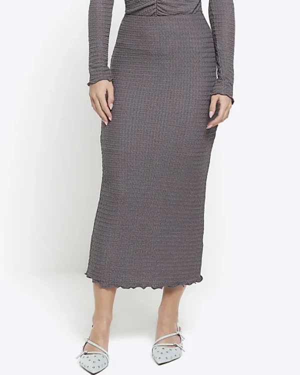 Petite grey textured midi skirt