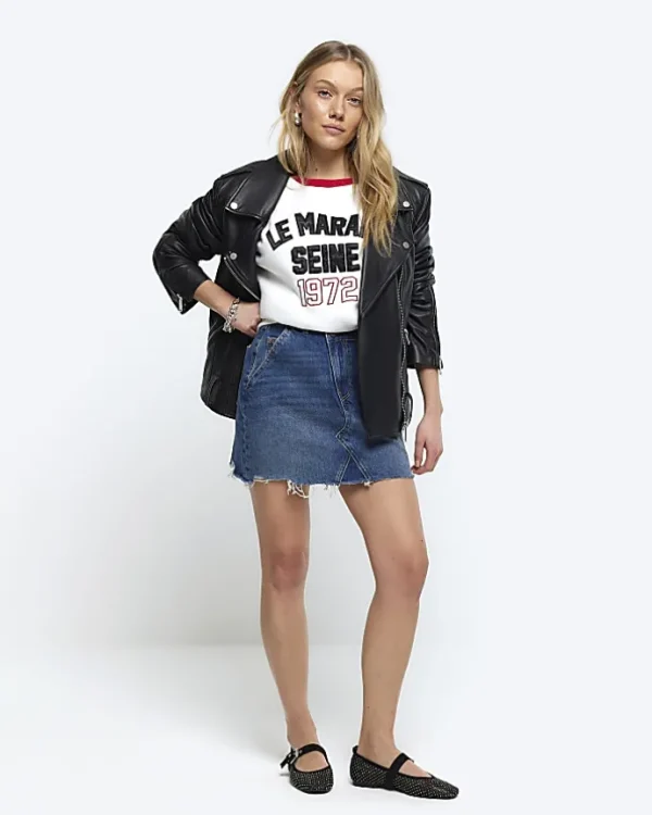 Petite hem asymmetric denim mini skirt