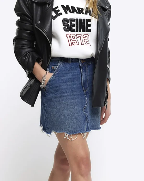 Petite hem asymmetric denim mini skirt