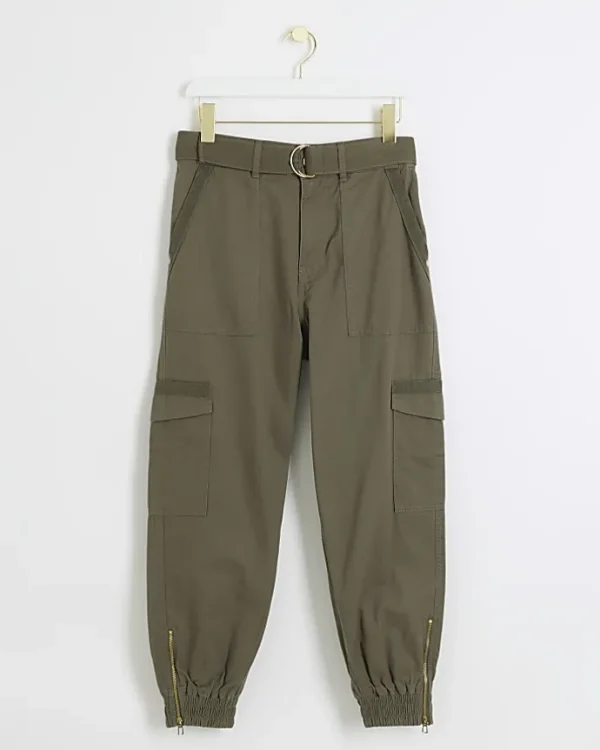 Petite khaki belted utility cargo trousers