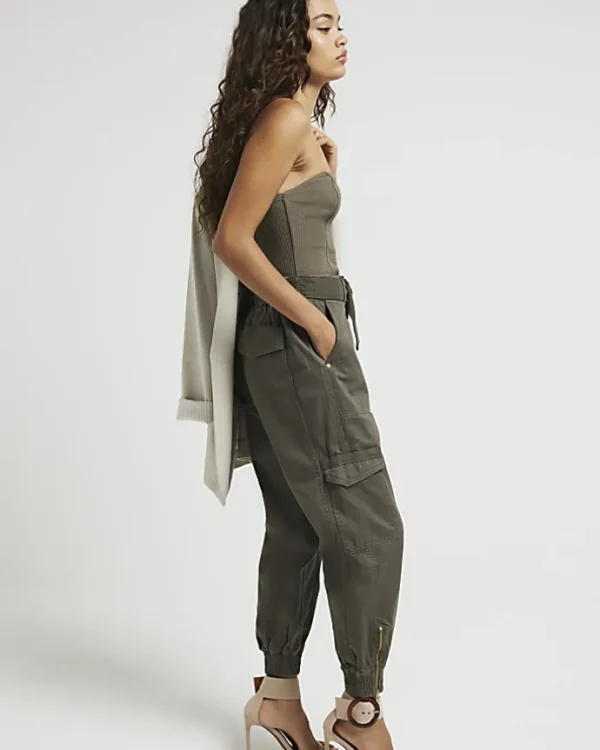 Petite khaki belted utility cargo trousers