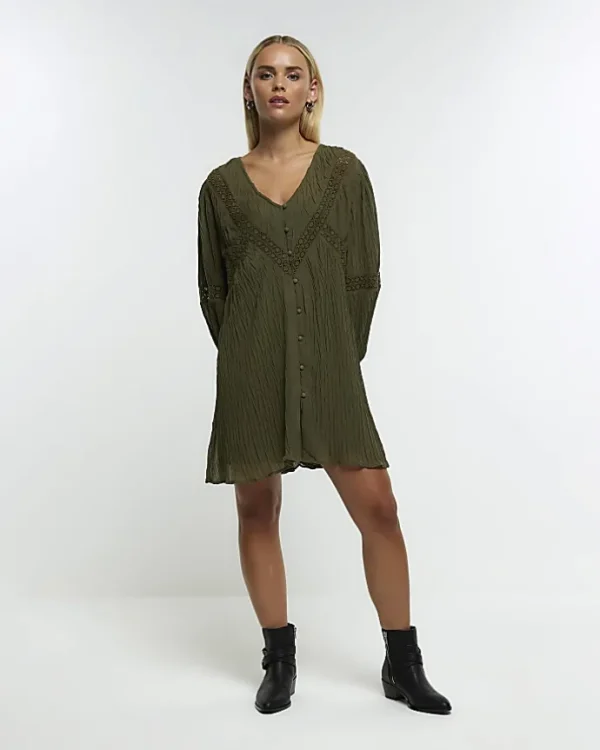 Petite khaki lace detail smock mini dress