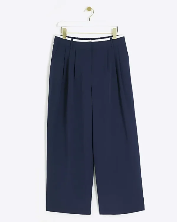 Petite navy side stripe wide leg trousers