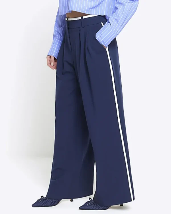 Petite navy side stripe wide leg trousers