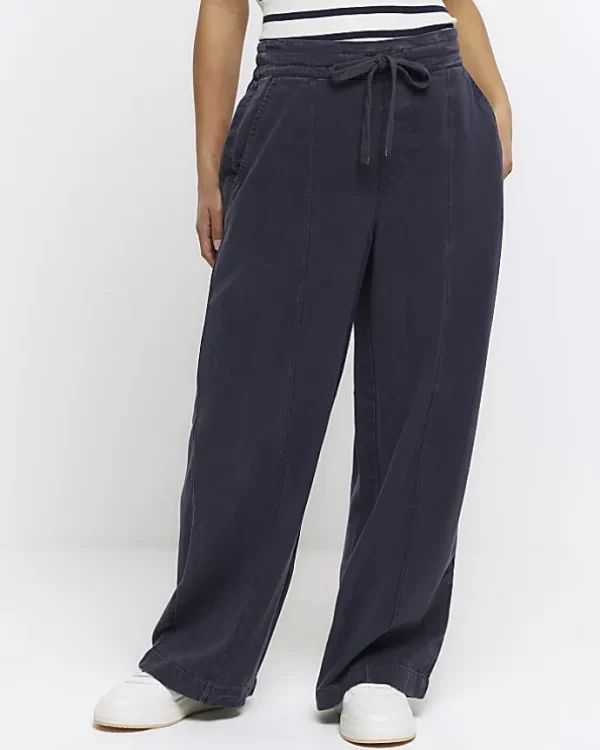 Petite Navy wide leg lyocell trousers