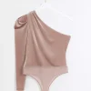 Petite pink velvet one shoulder bodysuit