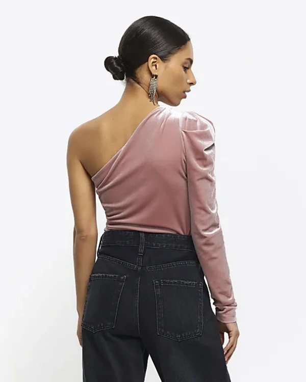 Petite pink velvet one shoulder bodysuit