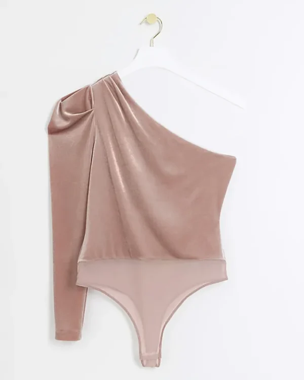 Petite pink velvet one shoulder bodysuit