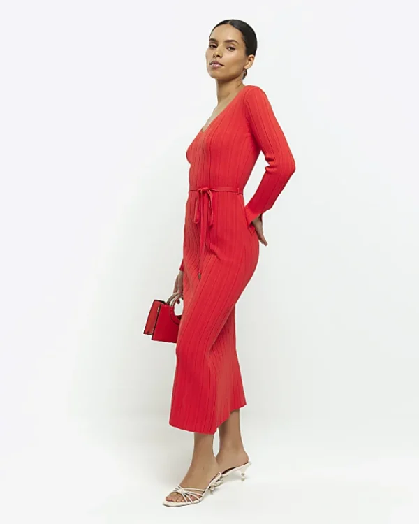 Petite red knit rib jumper maxi dress