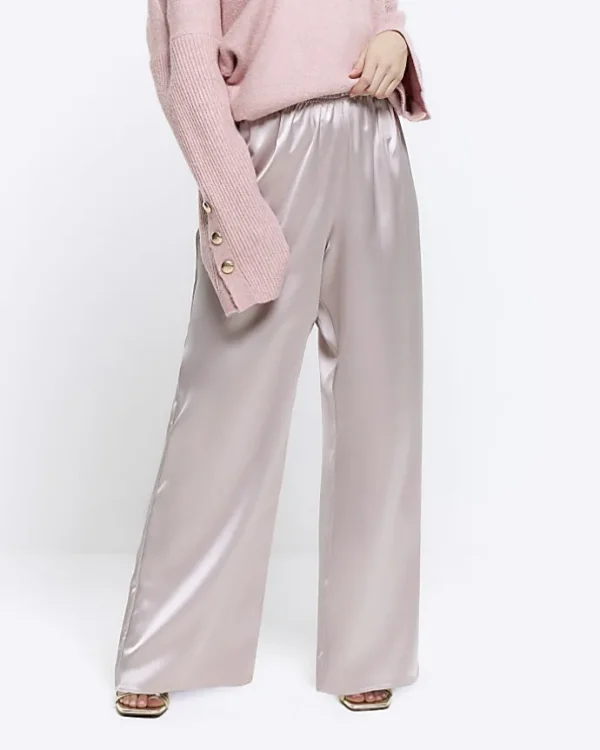 Petite silver satin wide leg trousers