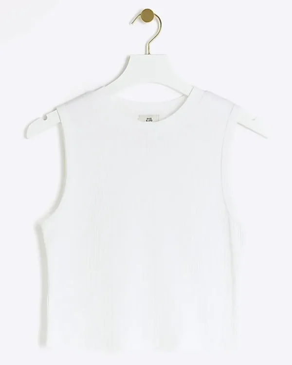 Petite white rib high neck tank top