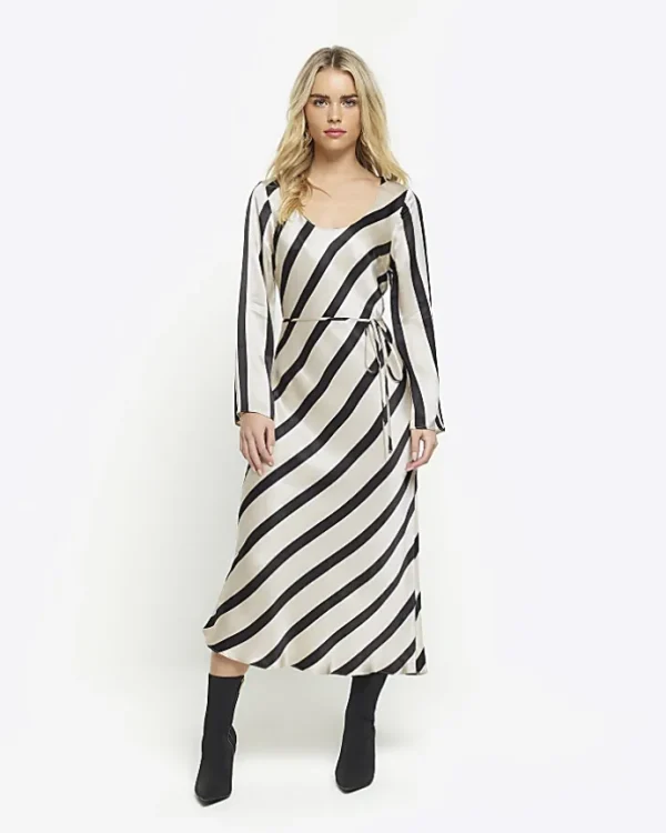 Petite white satin stripe slip midi dress