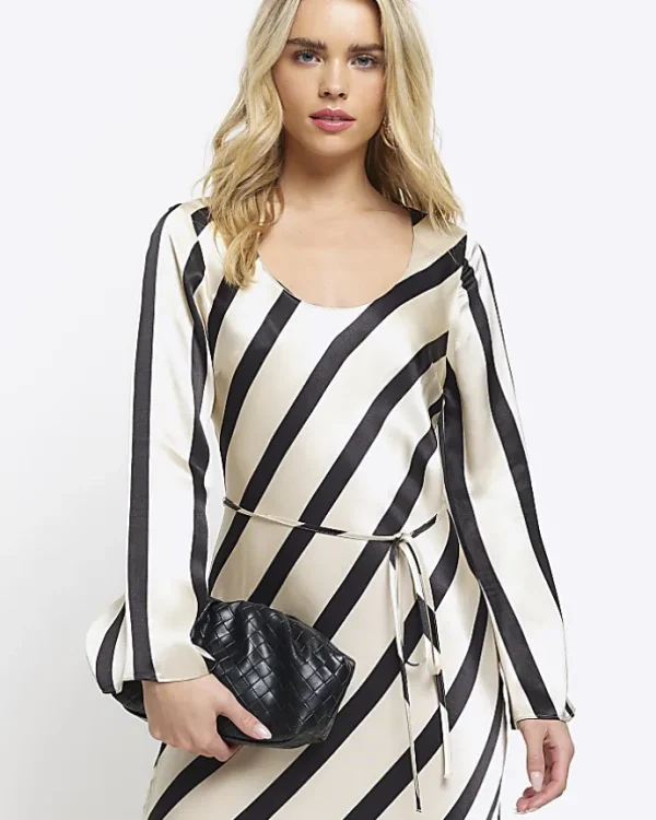 Petite white satin stripe slip midi dress