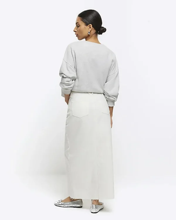 Petite white split hem denim maxi skirt