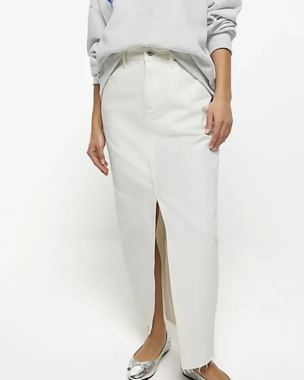 Petite white split hem denim maxi skirt