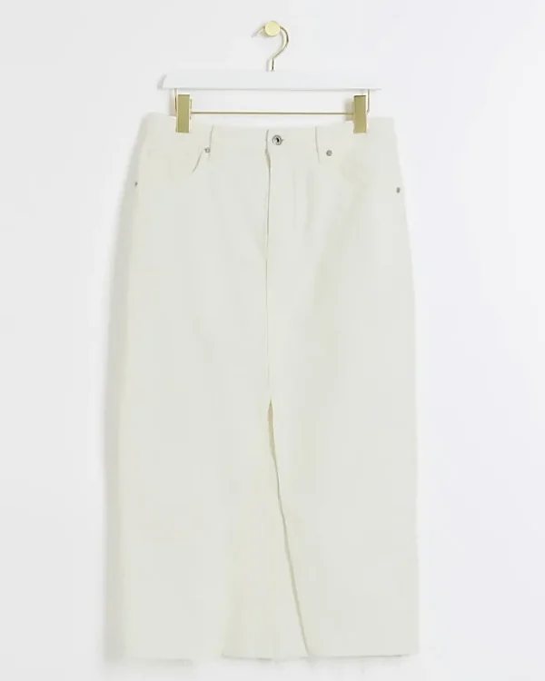 Petite white split hem denim maxi skirt