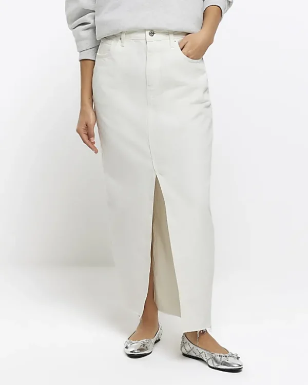 Petite white split hem denim maxi skirt