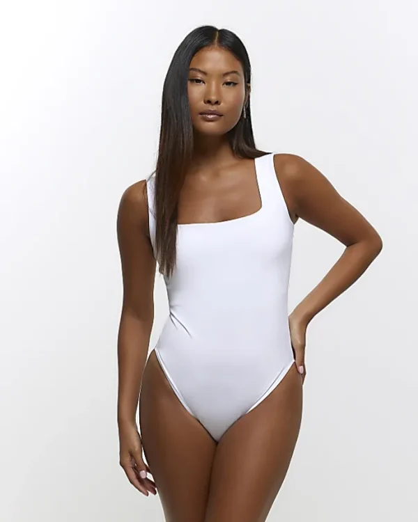 Petite white square neck bodysuit