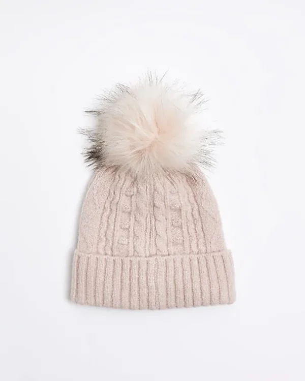 Pink cable knit beanie hat