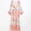 Pink chiffon abstract print beach maxi dress