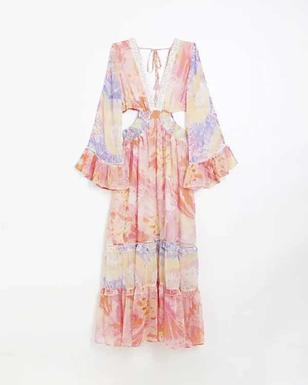 Pink chiffon abstract print beach maxi dress