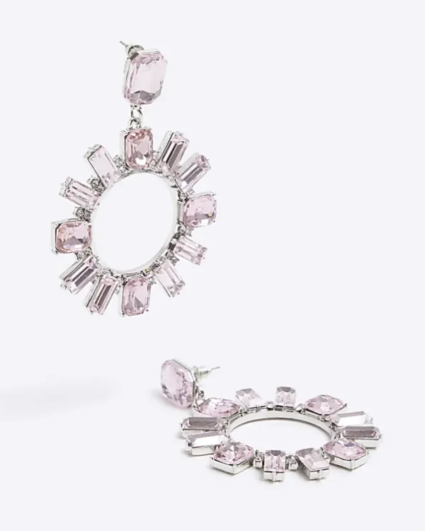 Pink diamante open circle drop earrings