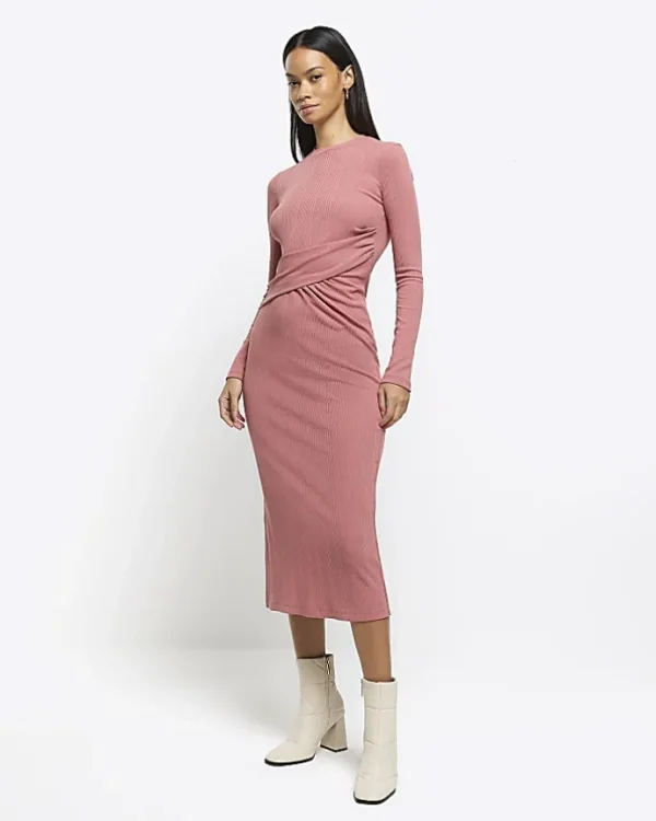 Pink drape front bodycon midi dress