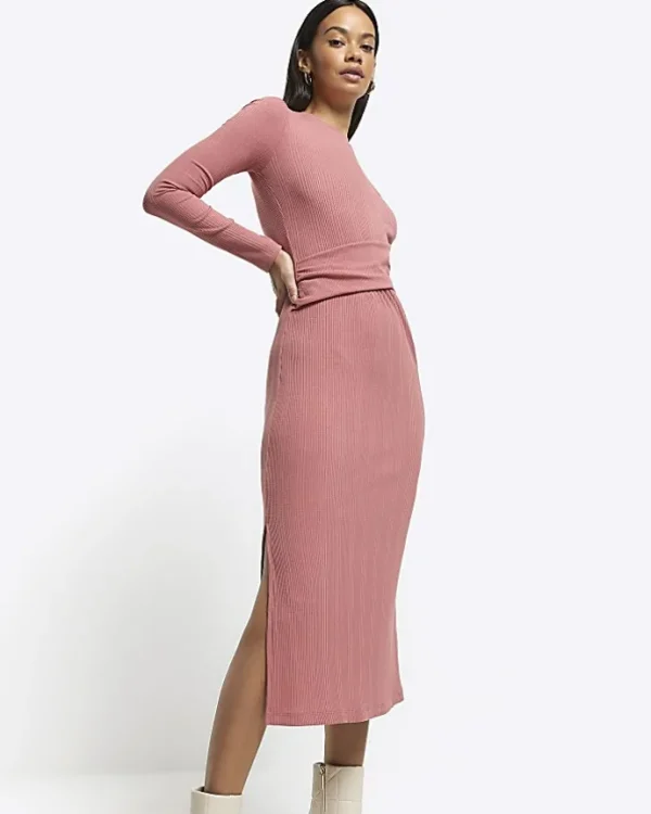 Pink drape front bodycon midi dress