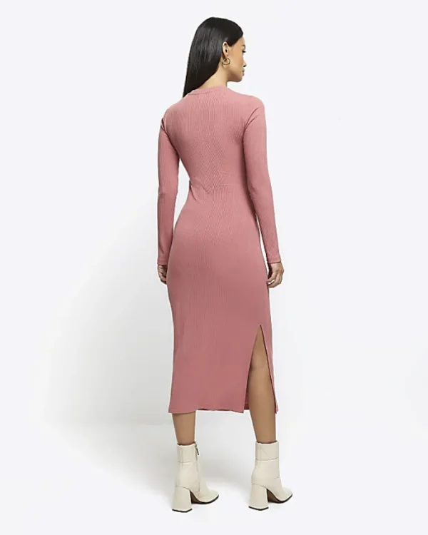 Pink drape front bodycon midi dress