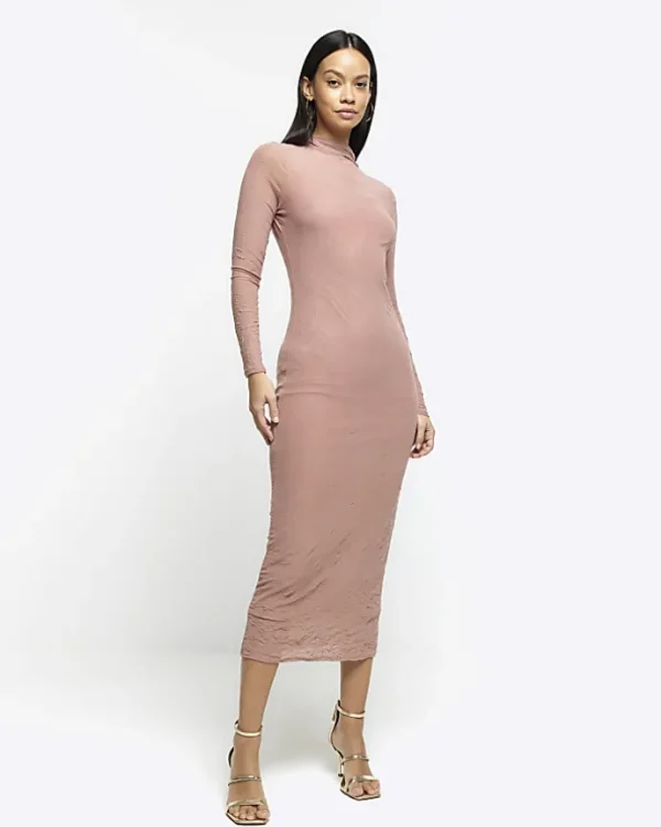 Pink mesh long sleeve bodycon midi dress