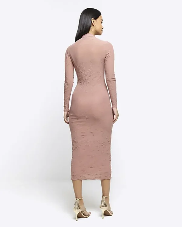 Pink mesh long sleeve bodycon midi dress