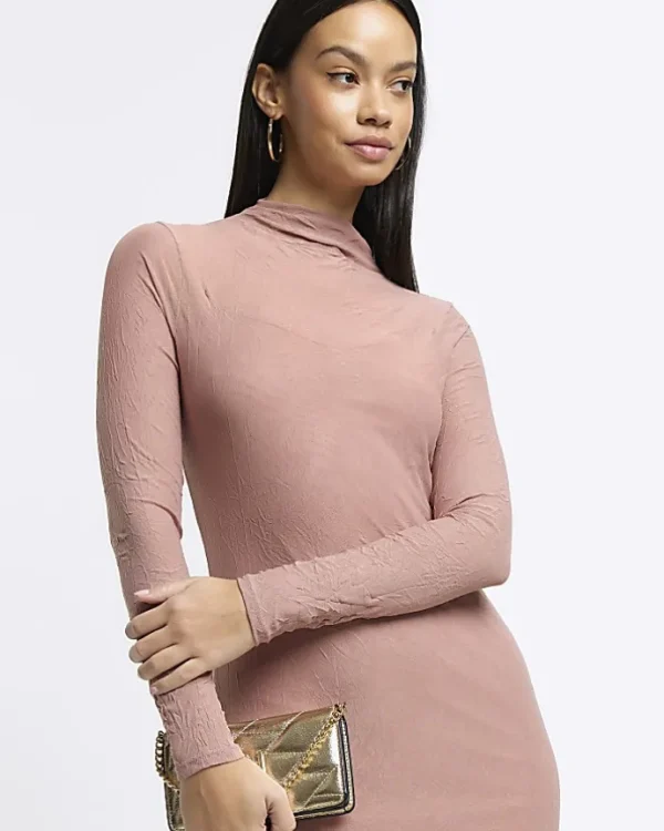 Pink mesh long sleeve bodycon midi dress
