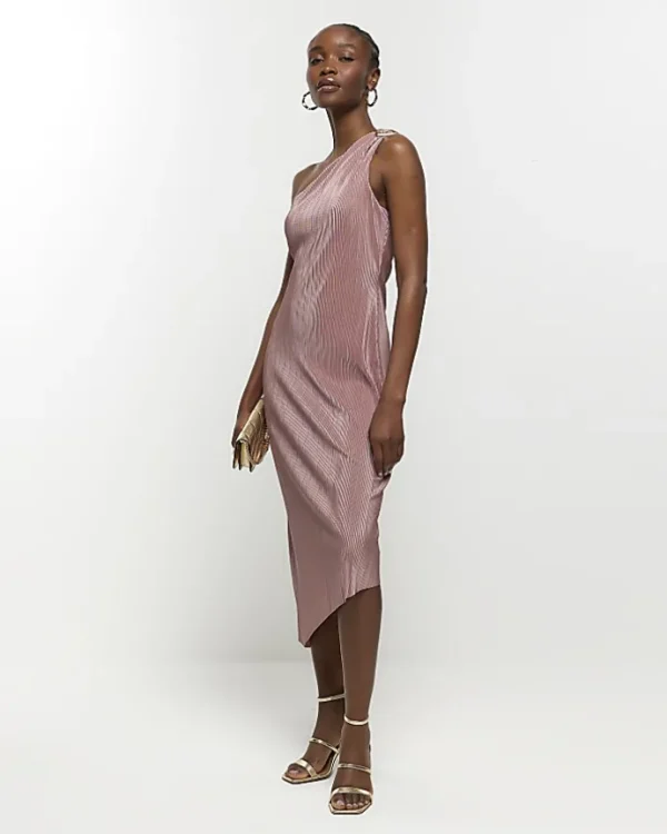 Pink plisse asymmetric bodycon midi dress