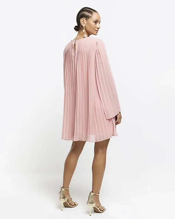 Pink plisse long sleeve shift mini dress