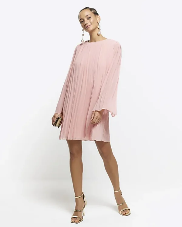 Pink plisse long sleeve shift mini dress