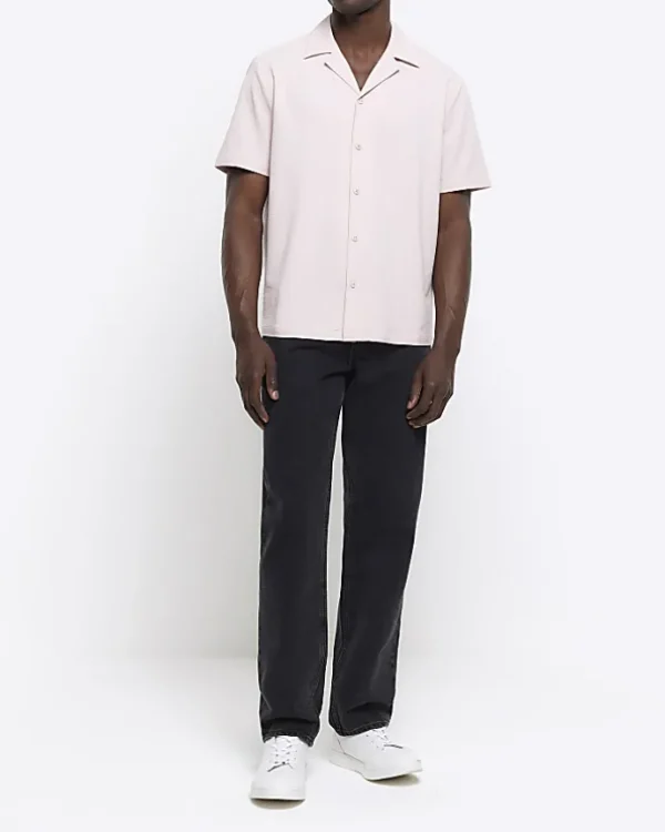 Pink regular fit seersucker revere shirt