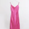 Pink satin cowl neck slip midi dress