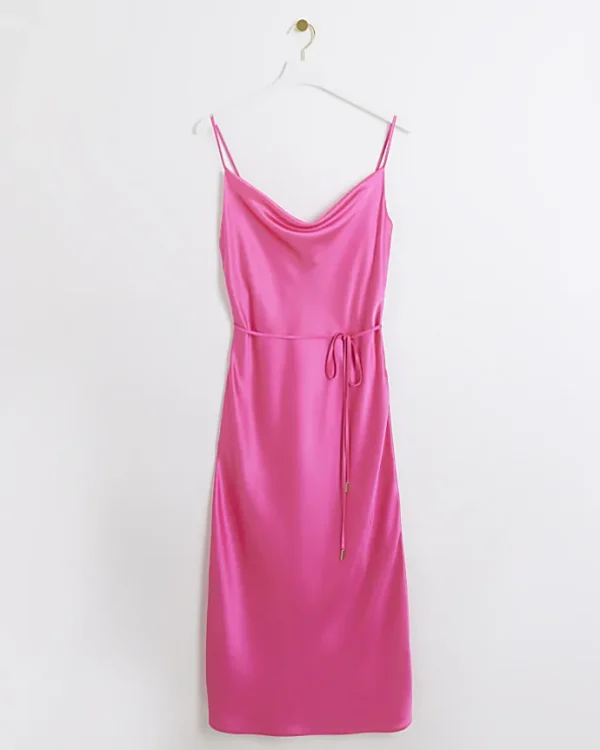 Pink satin cowl neck slip midi dress