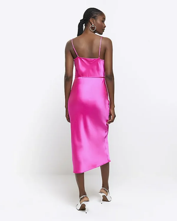 Pink satin cowl neck slip midi dress