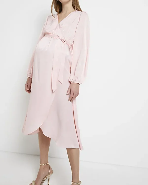 Pink satin maternity wrap midi dress