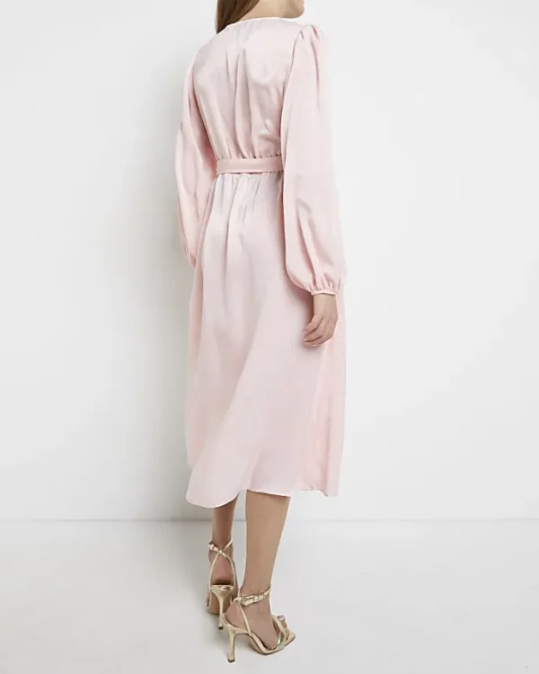 Pink satin maternity wrap midi dress