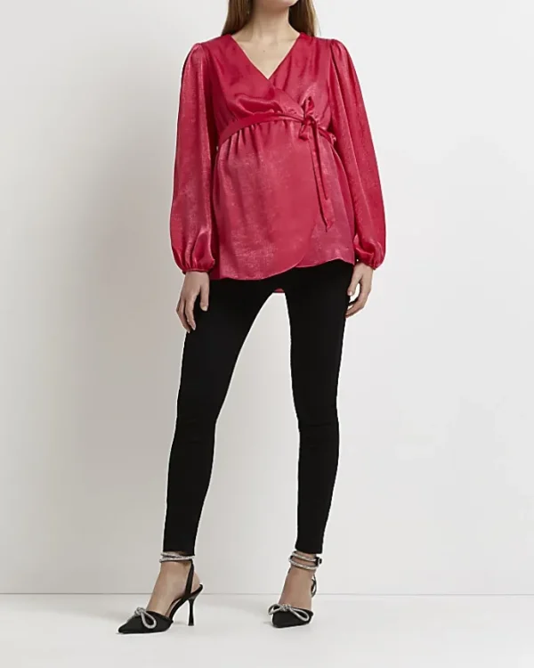 Pink satin maternity wrap blouse