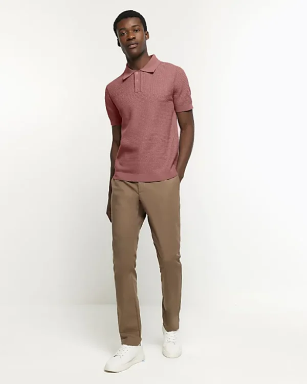 Pink slim fit textured knit polo