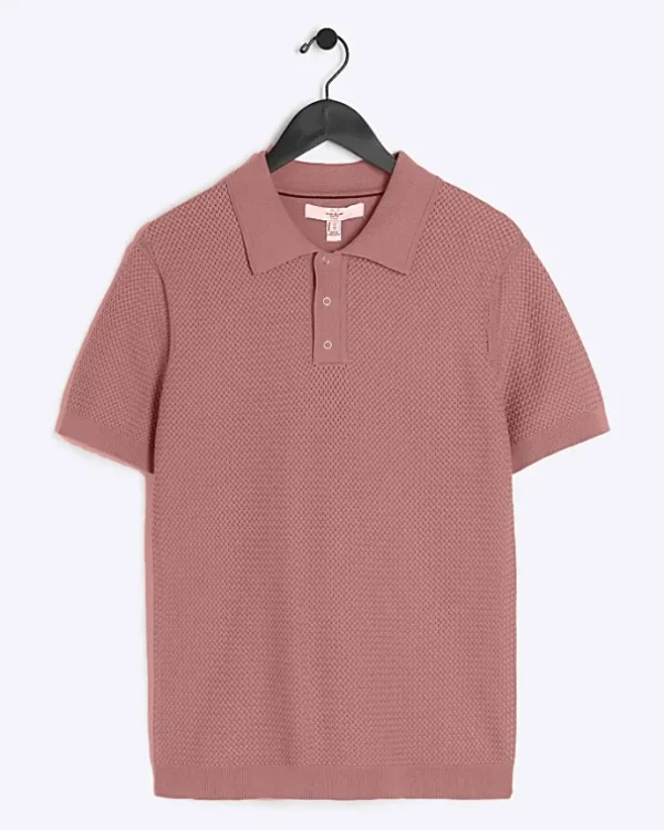 Pink slim fit textured knit polo