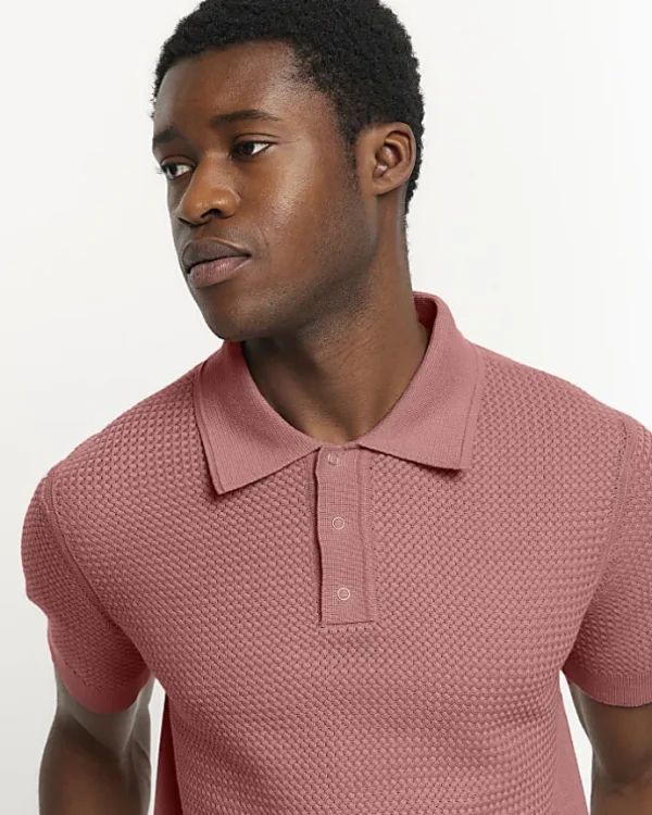 Pink slim fit textured knit polo