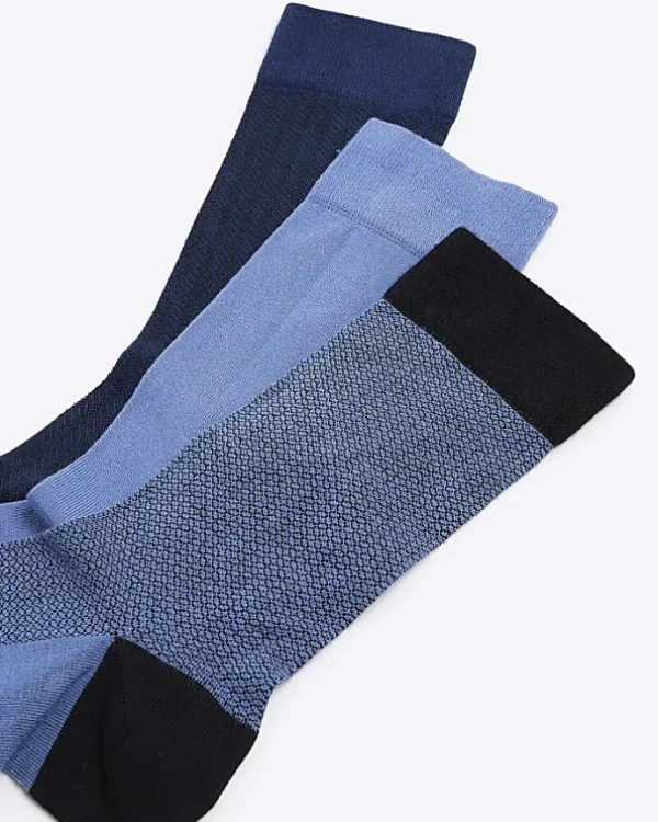 3PK blue geometric bamboo ankle socks