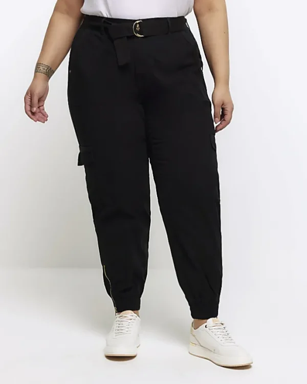 Plus black belted utility cargo trousers