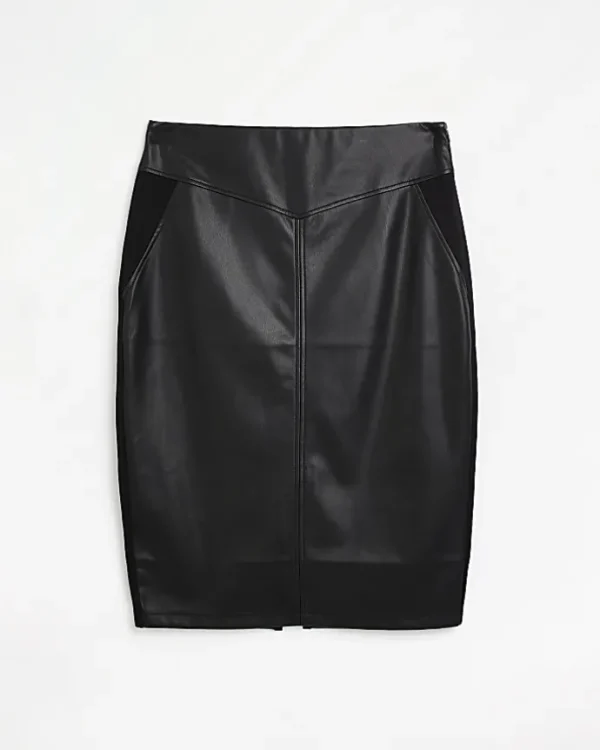 Plus black faux leather midi skirt