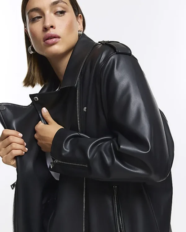 Plus black faux leather oversized jacket